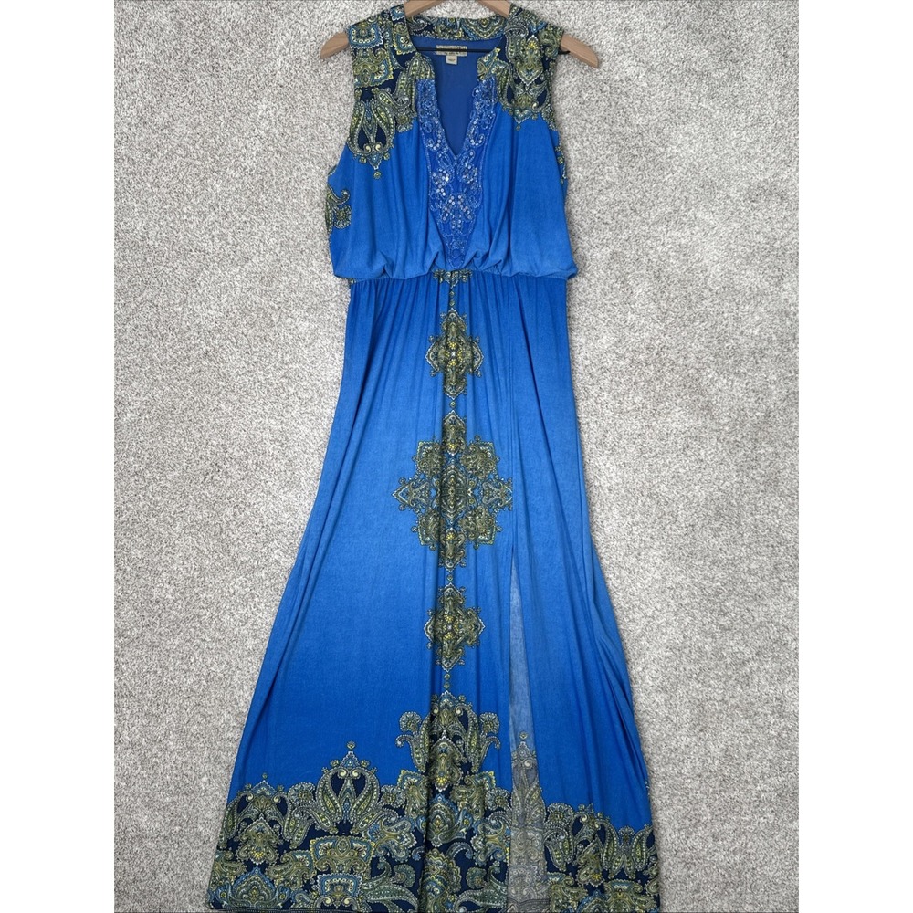 One World Maxi‎ Dress Sleeveless Women Large Blue Multicolor Paisley Resortwear
